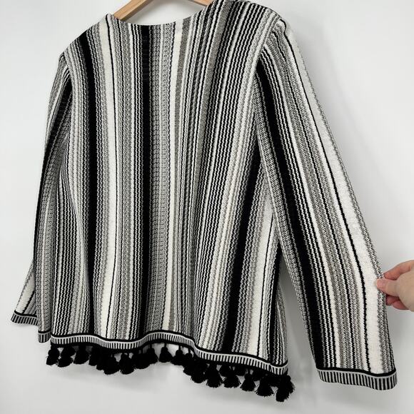 Misook Collection Cardigan Pom Pom Fringe Open Sweater Large Black White Striped - Picture 5 of 10